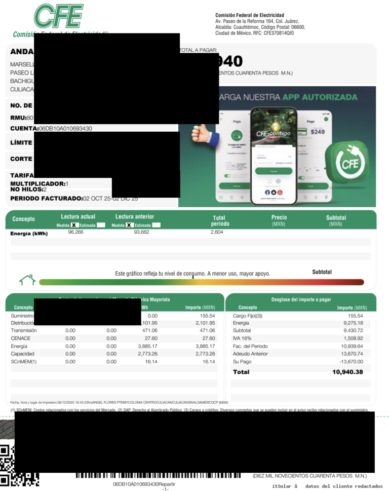 Recibo CFE del cliente