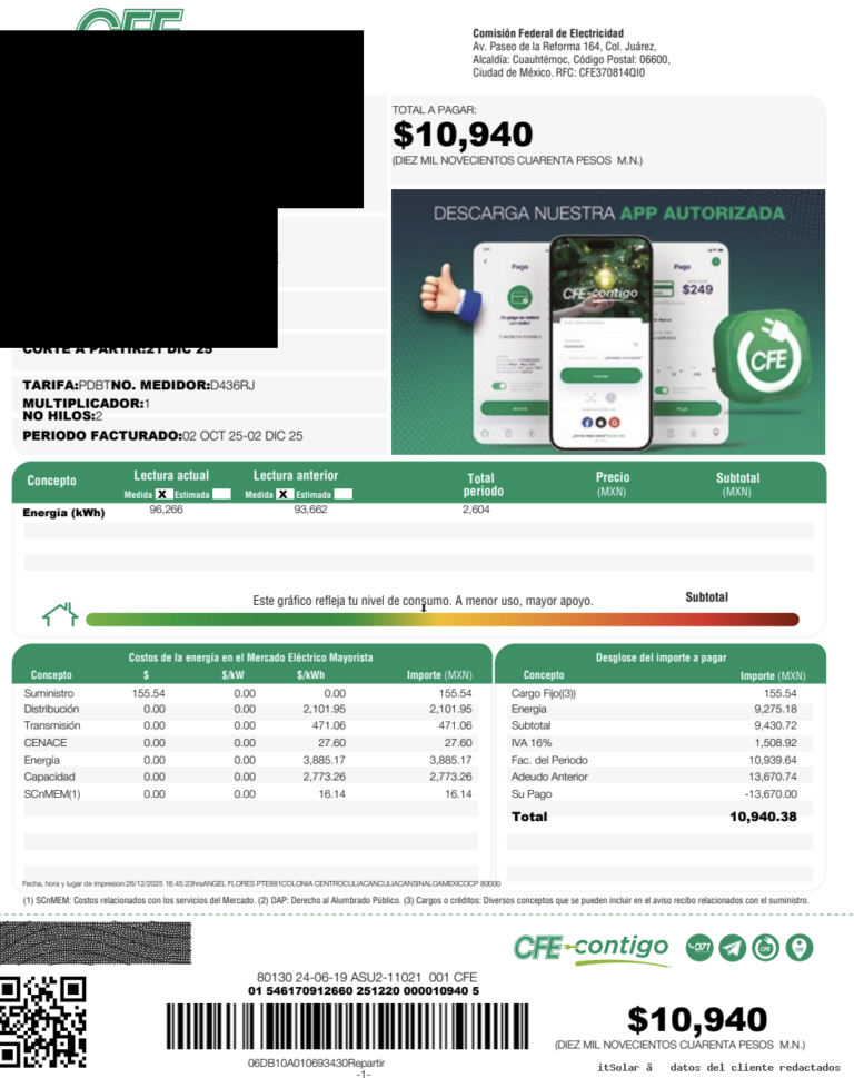Recibo CFE del cliente